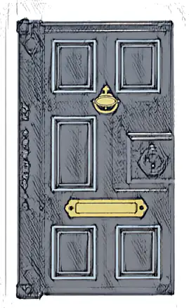 Door 1 x 4 x 6 with Stud Handle with Light Bluish Gray Panels and Gold Knocker and Mail Slot Pattern (Sticker) - Set 10351