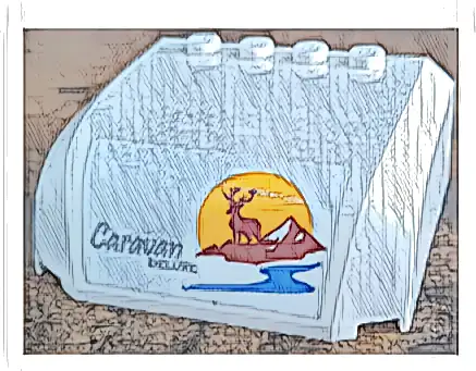 Windscreen 5 x 6 x 2 Curved Top Canopy with 4 Studs with Silver 'Caravan DELUXE', Bright Light Orange Sun, Medium Blue River, Reddish Brown Deer and Mountain Pattern (Sticker) - Set 60283