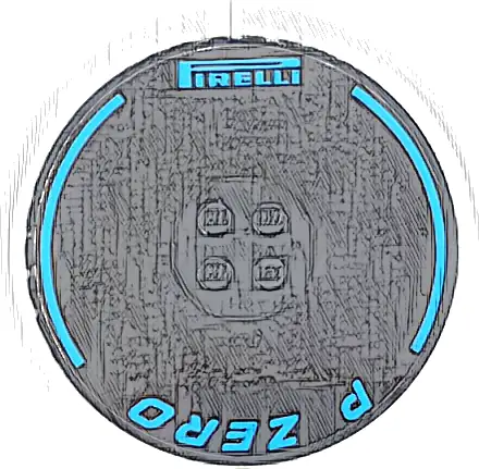 Tile, Round 8 x 8 with 4 Studs in Center with Blue Curved Stripes, 'PIRELLI' and 'P ZERO' Pattern (Sticker) - Set 42141 (First Version)