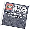 Część LEGO® 6179pb257 Płytka zmodyfikowana 4 x 4 z wypustkami na krawędzi z logo LEGO Star Wars i białym napisem 'ACCLAMATOR-CLASS ASSAULT SHIP', wzór