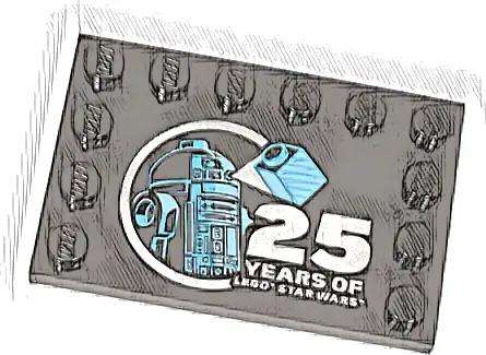 Tile, Modified 4 x 6 with Studs on Edges with Bright Light Blue and Medium Blue R2-D2 Minifigure and Silver '25 YEARS OF LEGO STAR WARS' Pattern
