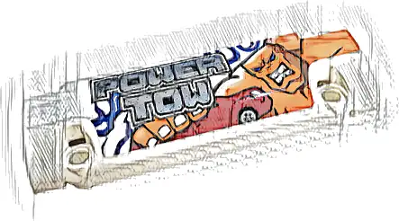 Technic, Panel Curved 11 x 3 with 2 Pin Holes through Panel Surface with Red Car, Silver 'POWER TOW', Blue and Dark Azure Lightning Pattern (Sticker) - Set 42128