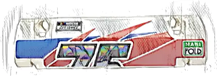 Technic, Panel Curved 11 x 3 with 2 Pin Holes through Panel Surface with Partial Holographic Number 75 Top Half, 'NASCAR CUP SERIES' and 'MANI FOLD' on Blue and Red Stripes Pattern Model Left Side (St