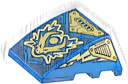 Wedge 4 x 3 Triple Curved No Studs with Gold Dragon Head and Armor, Bright Light Yellow Electricity, Lightning Bolts on Dark Blue Background Pattern