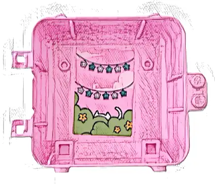 Container, Box 3 x 8 x 6 2/3 Half Back with String of White and Dark Azure Stars, White Cat Hiding Behind Lime Bushes and Flowers Pattern (Sticker) - Set 41665