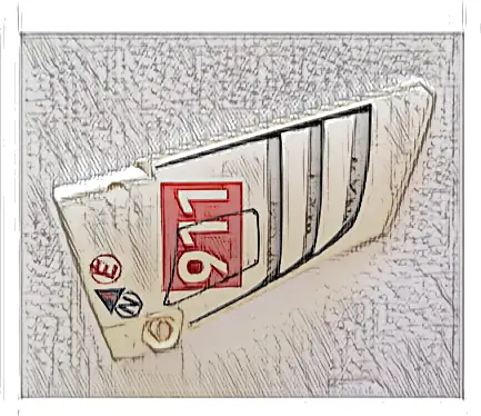 Technic, Panel Fairing #18 Large Smooth, Side B with White '911' on Red Rectangle, Vents, Red Letter E, Blue Letter N Pattern (Sticker) - Set 42096