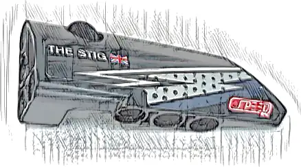 Technic, Panel Fairing # 3 Small Smooth Long, Side A with 'THE STIG', United Kingdom Flag, Lightning Stripes, and Stylized 'SPEED' Pattern (Sticker) - Set 42109