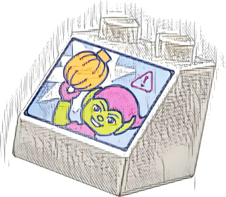Duplo, Brick 2 x 2 x 1 1/2 Slope 45 with Screen with Warning Sign and Lime and Magenta Green Goblin Duplo Figure with Orange Pumpkin Pattern