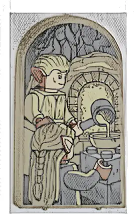 Glass for Door Frame 1 x 6 x 7 Arched with Notches and Rounded Pillars with Tan Elves, Oven and Dark Bluish Gray Bricks and Saucepan Pattern (Sticker) - Set 10316