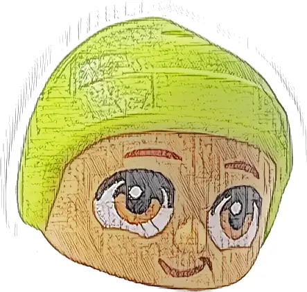 Mini Doll, Head, Modified Baby / Toddler with Molded Lime Cap and Printed Reddish Brown Eyebrows and Dark Orange Eyes, Lopsided Grin Pattern