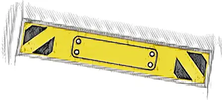 Tile 1 x 6 with Black Outlined Panel with 4 Silver Screws and Danger Stripes on Both Ends Pattern