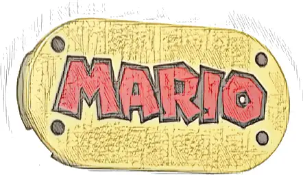 Tile, Round 2 x 4 Oval with Red 'MARIO' and Dark Brown Rivets Pattern