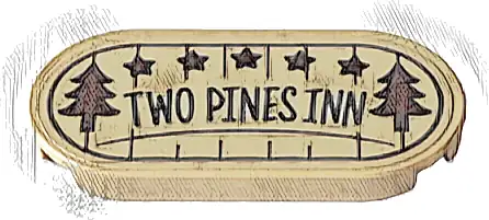 Tile, Round 2 x 4 Oval with Sign with Dark Brown Border, Stars, Trees and Lines and Black 'TWO PINES INN' Pattern (Sticker) - Set 10325