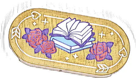 Tile, Round 2 x 4 Oval with Red Roses with Dark Purple Leaves, Medium Blue and Dark Purple Books with White Pages, Arrows with Hearts Pattern