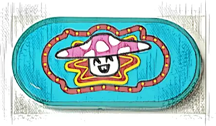 Tile, Round 2 x 4 Oval with Dreamling Mushroom with Black Eyes and Mouth, Dark Pink Hat with White Spots and Red and Yellow Border Pattern (Sticker) - Set 71461