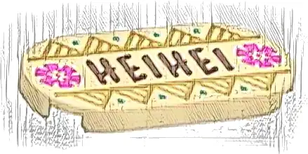 Tile, Round 2 x 4 Oval with Reddish Brown 'HEIHEI', Dark Pink Flowers, Dark Turquoise Dots and Gold Mountains Pattern