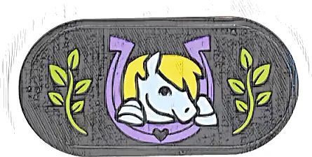 Tile, Round 2 x 4 Oval with White and Yellow Pony Head in Medium Lavender Horse Shoe, Lime Grass, Leaves Pattern (Sticker) - Set 42654