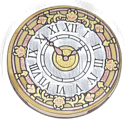 Tile, Round 3 x 3 with White Clock Face, Copper and Gold Hands, Border, and Filigree and Black Roman Numerals Pattern