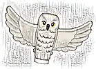 Część LEGO® 67632pb01 Sowa, rozpostarte skrzydła, czarny dziób, żółte oczy i jasnoszare pofalowane pióra na piersi, wzór (HP Hedwig)