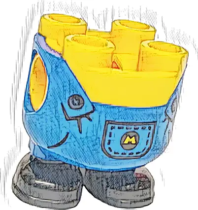 Lower Body, Rounded, Short Legs with Molded Blue Overalls and Black Shoes and Printed Pocket with Yellow Minions Letter M Logo and Buttons Pattern