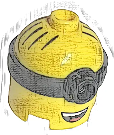 Minifigure, Head, Modified Minion, Tall with Molded Black Single Lens Goggles and Printed Hair and Open Mouth with White Teeth and Red Tongue Pattern