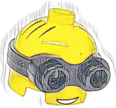 Minifigure, Head, Modified Minion, Short with Molded Black Goggles and Printed Hair and Open Mouth with White Teeth Pattern