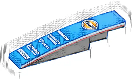 Slope, Curved 6 x 1 with Dark Blue and Orange Gulf Logo, 'KOMATSU', 'INGENUITY COMMERCE', 'VAST', 'Jumeirah HOTELS & RESORTS' and 'PIRELLI' Logos, Black Panels with Red and White Stripes on Both Sides