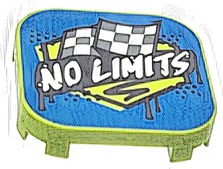 Tile, Modified 4 x 4 with Rounded Corners and 4 Feet with White 'NO LIMITS' on Black Banner and Dark Bluish Gray Checkered Flags on Blue Background Pattern