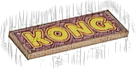 Tile 2 x 6 with Yellow and Red 'KONG' on Dark Red Wood Grain with 4 Silver Nails Pattern