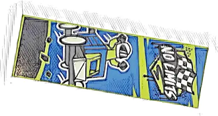 Tile 2 x 6 with White 'NO LIMITS' on Black Banner, Dark Bluish Gray Checkered Flags and Soapbox Race Car with Driver on Blue Background Pattern