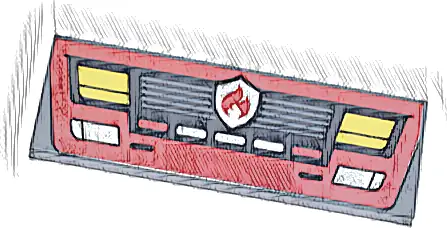 Tile 2 x 6 with Red Fire Engine Front End with Grille, Silver Reflectors and Fire Badge, Yellow Headlights Pattern