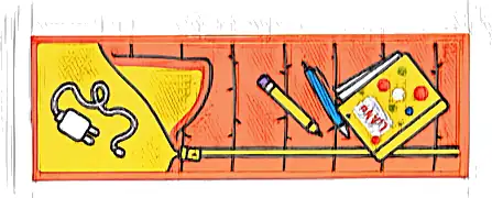 Część LEGO® 69729pb183 Płytka 2 x 6 ze śpiworem z żółtym wnętrzem, zamkiem błyskawicznym, ołówkiem i pamiętnikiem 'LIANN', ciemno lazurowym długopisem, białym adapterem (naklejka) - Zestaw 42654