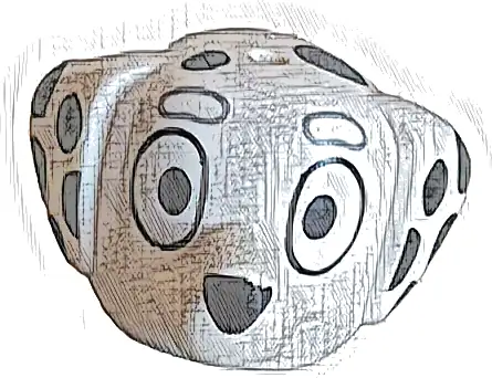 Minifigure, Head, Modified Dog (Dalmatian) with Pointed Ears, Hole on Top with Black Eyes, Nose and Spots, Light Bluish Gray Eyebrows Pattern