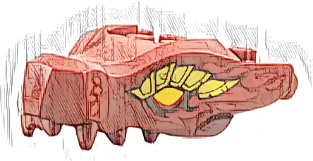 Dragon Head (Ninjago) Jaw with 2 Bar Handles on Back with Bright Light Orange Eyes, Gold Scales, and Black and Red Flames Pattern