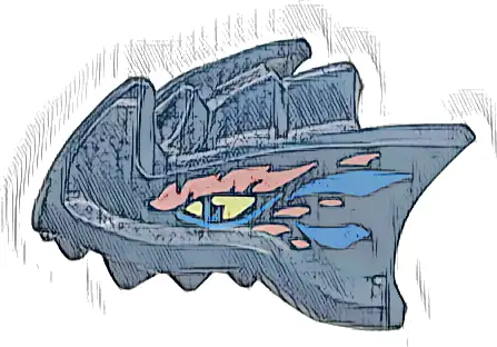 Dragon Head (Ninjago) with Stepped Top, Horn and Pin Hole on Back with Bright Light Yellow Eyes, Blue and Coral Markings Pattern