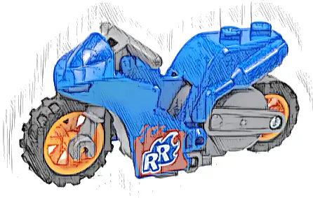 Stuntz Flywheel Motorcycle Sport Bike Tapered Front with Dark Bluish Gray Frame, Orange Wheels, and Dark Bluish Gray Handlebars with White 'RR' on Red and Blue Flames Pattern