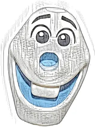 Minifigure, Head, Modified Olaf with Hole on Top with Molded Medium Blue Mouth and Nose and Printed Black Raised Eyebrows and Eyes with  Glints to Right Pattern