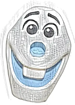 Część LEGO® 77333pb02 Minifigurka, głowa modyfikowana Olaf z otworem na górze, formowanymi jasnoniebieskimi ustami i nosem oraz nadrukowanymi czarnymi uniesionymi brwiami i oczami z błyskami w prawo (wzór)