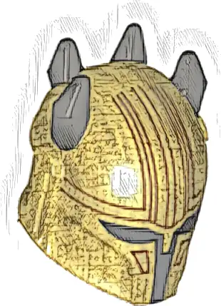 Minifigure, Headgear Helmet with Horns, SW Mandalorian with Thin Dark Red Lines and Black Horns Pattern (Armorer)