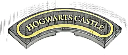 Tile, Round Corner 3 x 3 Macaroni with Gold 'HOGWARTS CASTLE' and Border Pattern (Sticker) - Set 76423