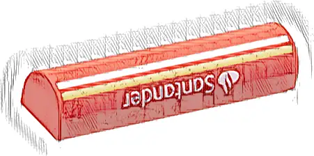 Slope, Curved 1 x 4 x 2/3 Double with White and Yellow Stripes and Santander Logo Pattern