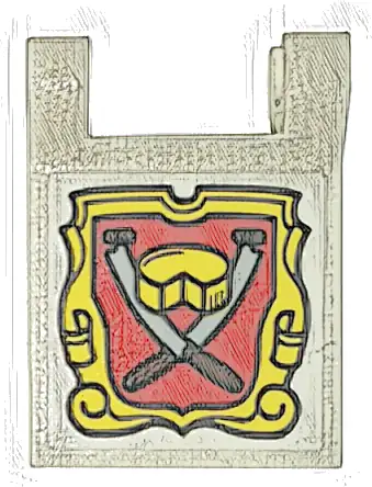 Flag 2 x 2 Square with Flared Edge with Red Shield, Yellow Frame and Cheese and Knives Pattern on Both Sides (Stickers) - Set 10332