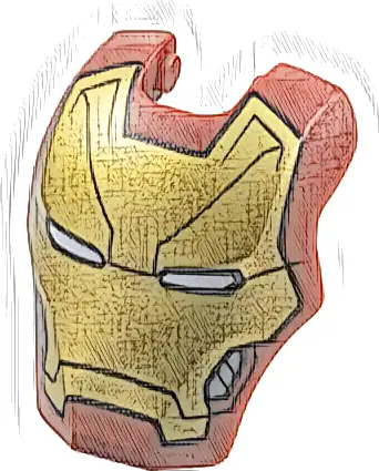 Minifigure, Visor Top Hinge Large with Gold Face Shield, White Eyes, Dark Silver Trim on Cheeks, Black Diagonal Forehead Lines Pattern (Iron Man Mark 46)