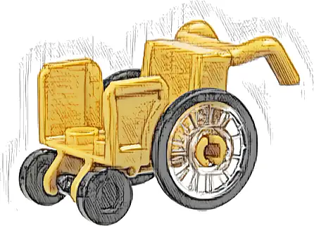 Minifigure, Utensil Wheelchair with Open Sides and High Arm Rests with Trans-Clear Wheelchair Wheels with Technic Pin Hole and Black Trolley Wheels (80440 / 80441pb01 / 2496)