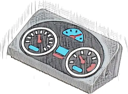 Slope 30 1 x 2 x 2/3 with Black Oval Dashboard with Silver, Medium Azure and Red Gauges Pattern