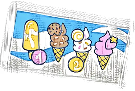 Tile 2 x 4 with Menu with Popsicle, 3 Ice Cream Cones, and Circles with Numbers 1 and 2 on Dark Azure Background with Swirls Pattern