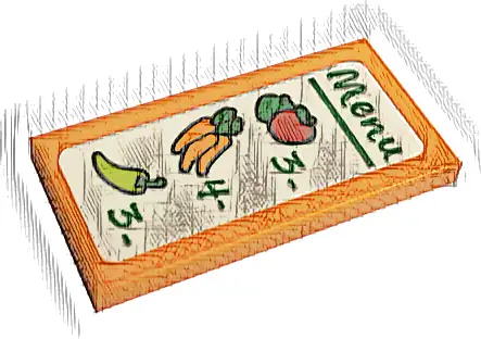 Tile 2 x 4 with Green 'Menu' with Apples, Carrots, Chili Pepper, Number 3, 4 and 3 Pattern (Sticker) - Set 60345
