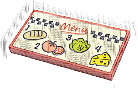 Tile 2 x 4 with Coral 'Menu', Black Number 1, 2, 3, 4, Bread, Tomatoes, Lettuce, Cheese and Checkered Stripe Pattern (Sticker) - Set 41728