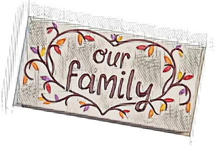 Tile 2 x 4 with Reddish Brown 'our family' in Heart Shaped Branch with Red, Orange, Yellow and Medium Lavender Leaves Pattern