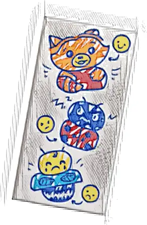 Tile 2 x 4 with Orange, Red, Blue and Yellow Drawings of Happy Fox, Angry Ladybug, Sad Bee and Smiley Faces Pattern